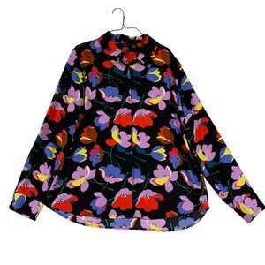 Halogen Womens Floral Print Long Sleeve Button Down‎ Shirt Black Size Large